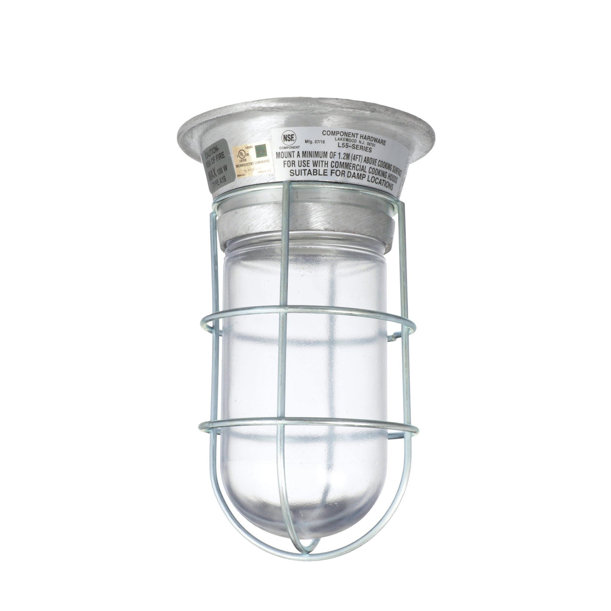 Component Hardware L55-1024-CSA - 100W Surface Mount CSA Approved Incandescent Hood Light With Clear Coated Tempered Glass Globe And Wire Guard