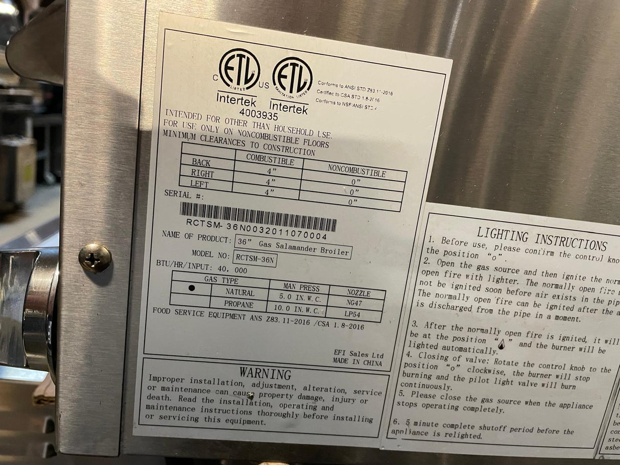EFI RCTSM-36N 36 inch Gas Salamander Broiler