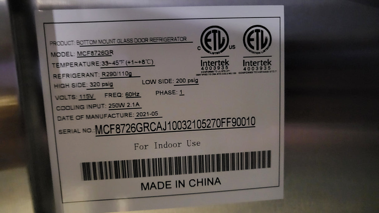 Atosa MCF8726GR Glass Door Refrigerator