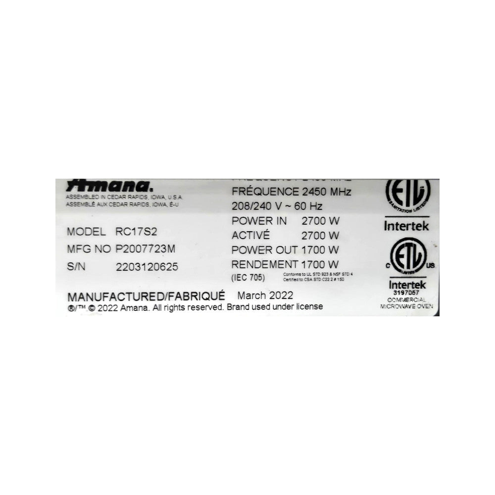 Amana RC17S2 Microwave