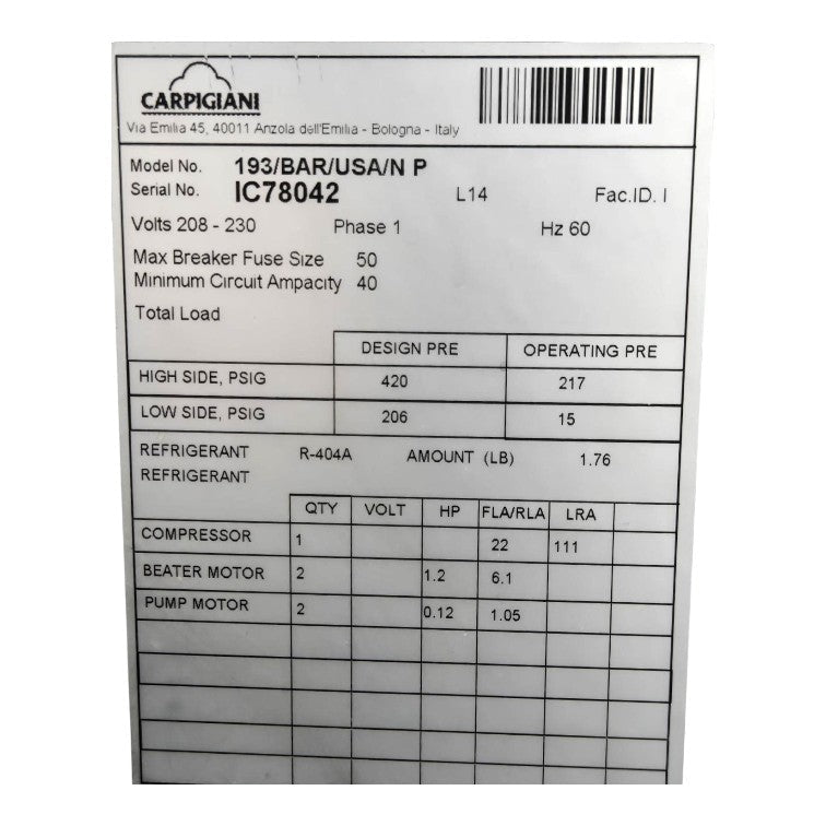 Carpigiani 193/BAR/USA/NP Soft Serve Machine