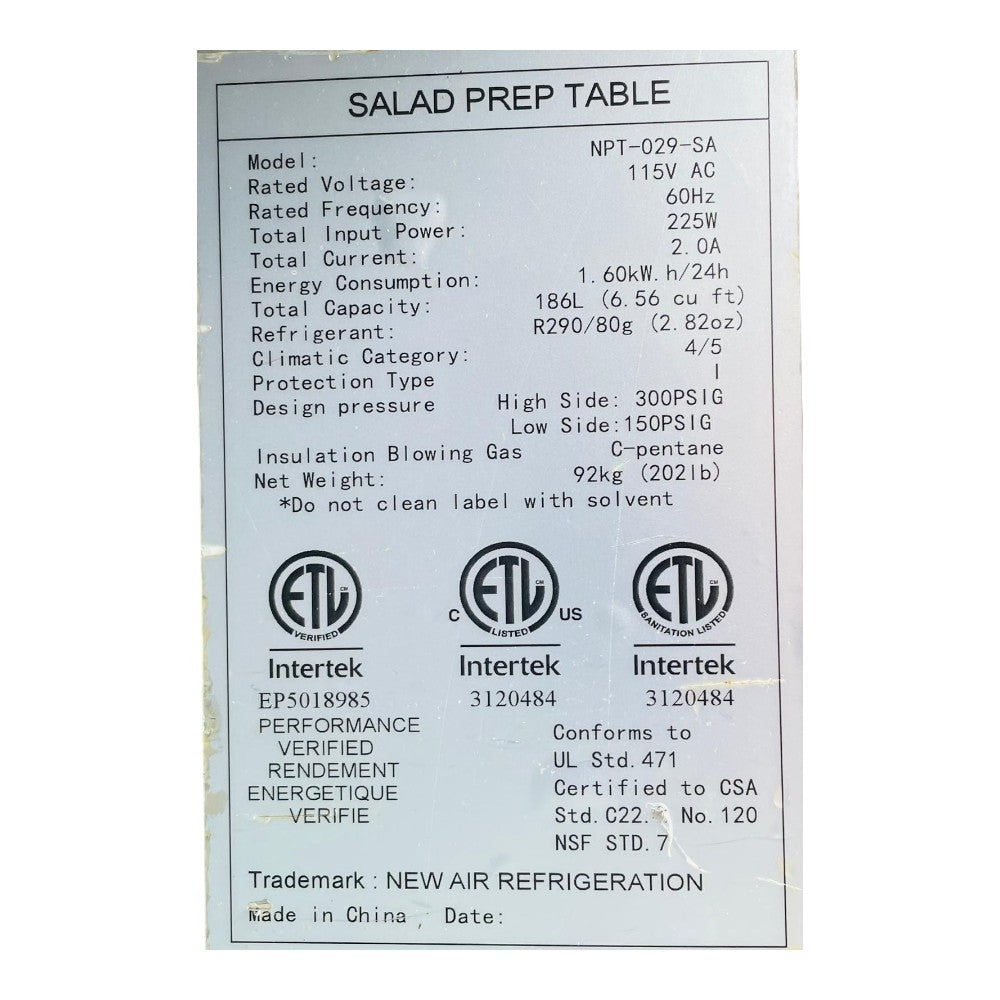 New Air NPT-029-SA 1 Door Sandwich Prep Refrigerator