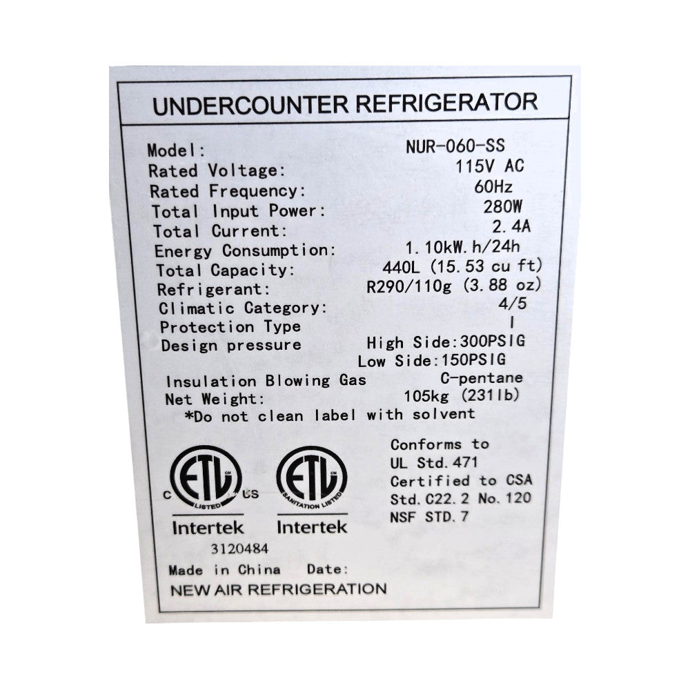New Air NUR-060-SS Undercounter Refrigerator- Cosmetic Damage