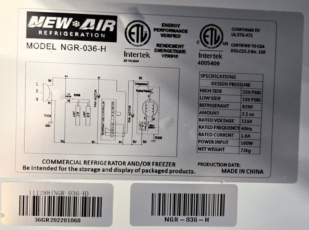 New Air NGR-036-H Reach in Refrigerator - Single Glass Door