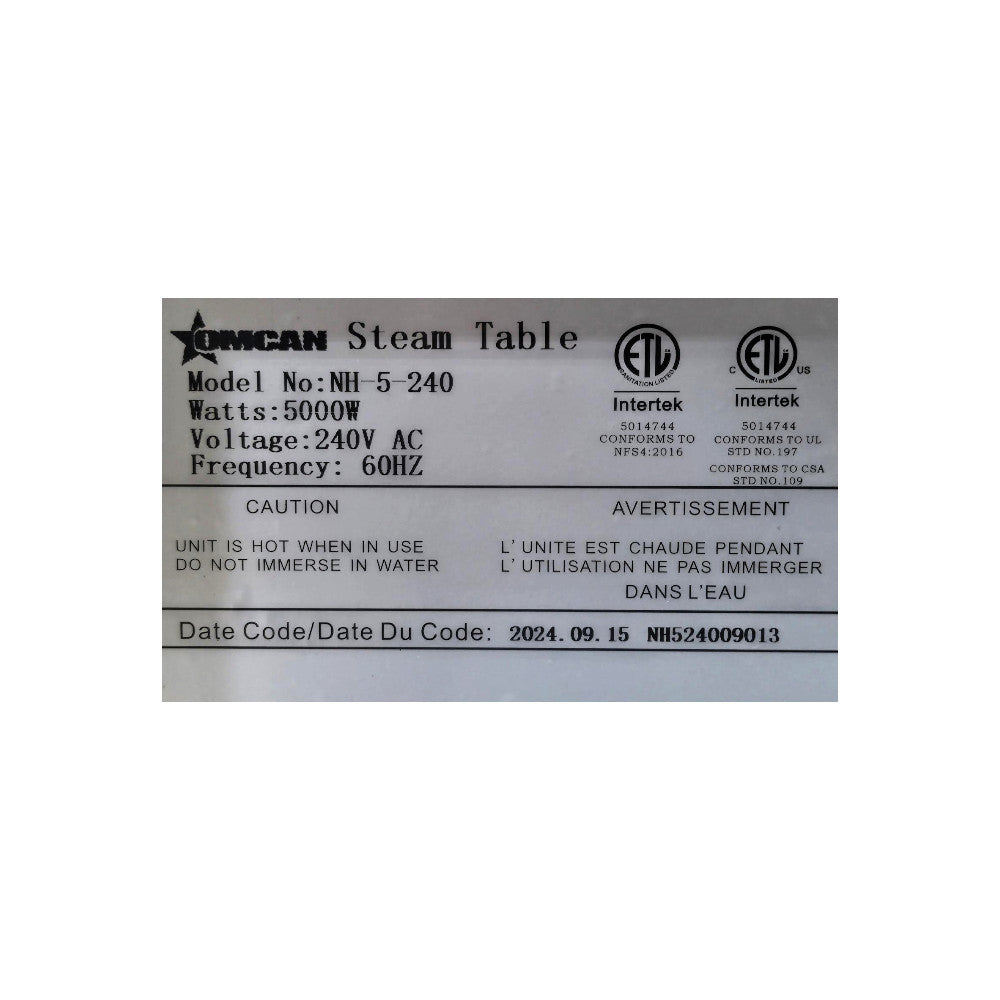 Omcan NH-5-240 Steam Table - 5 Well with Sneeze Guard