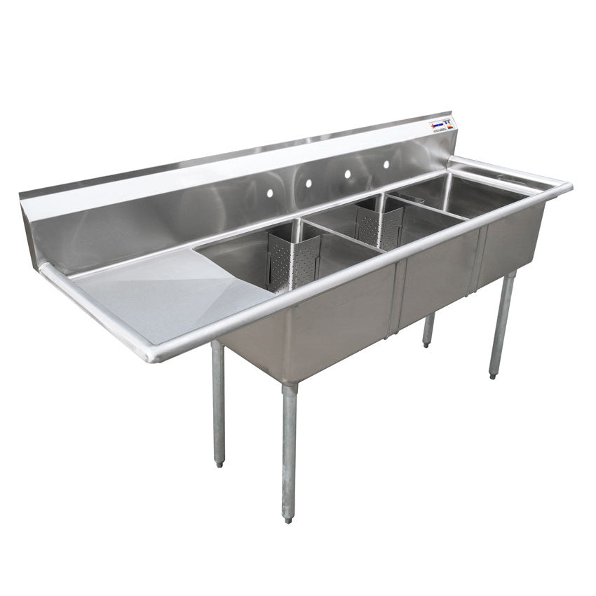 Omcan 25259 - 24" x 24" x 14" Three Tub Sink with 1.8" Corner Drain and Left Drainboard