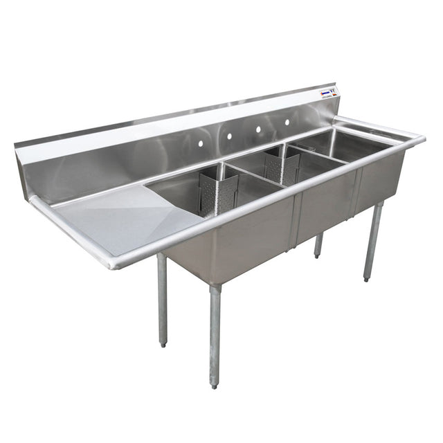 Omcan 25259 - 24" x 24" x 14" Three Tub Sink with 1.8" Corner Drain and Left Drainboard