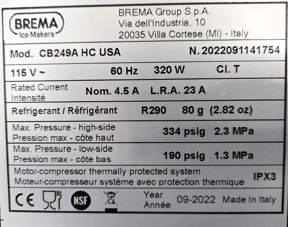 Brema CB249A HC Undercounter Ice Machine