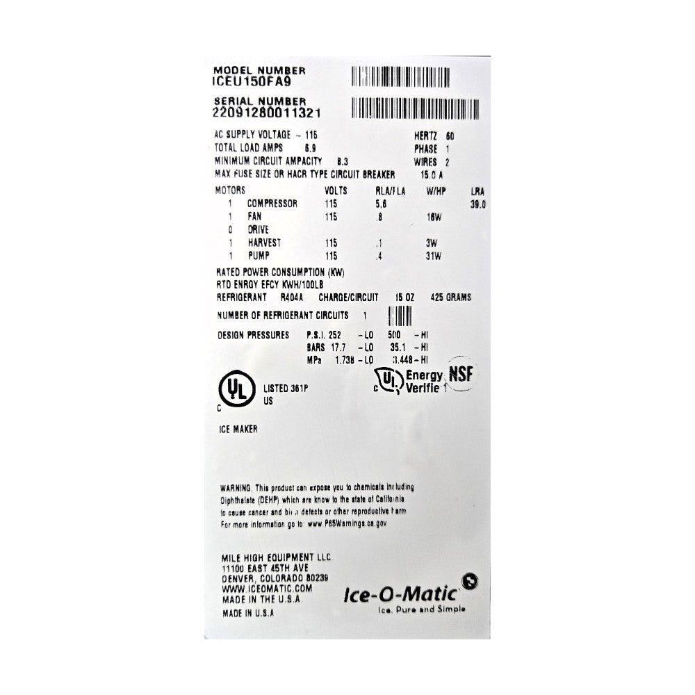 Ice-O-Matic  ICEU150FA9 Undercounter Ice Machine