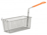 Omcan 12 1/8″ x 6 5/16″ x 5 5/16″ Nickel-Plated Iron Fryer Basket with Orange Handle