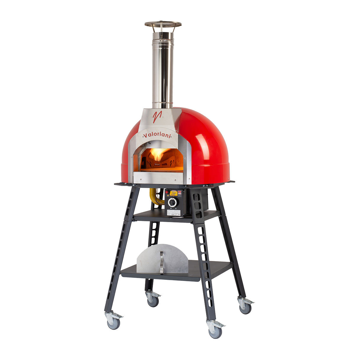 Omcan 48144 - Valoriani Baby 60 Red Metal Dome Wood Fired and Gas Oven with Stand and Casters - 44,358 BTU