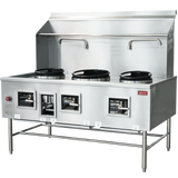 Omcan Three Chamber Wok Range with a 2x13 + 16″ Ring, Backsplash, Faucet, Natural gas 315,000 BTU - 48409 - VRS Restaurant Equipment & Supply Store