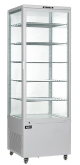 Omcan 26″ Refrigerated Floor Display Showcase with 4-Sided Glass and White Exterior, 17.65cu.ft. / 500L Capacity – 110V, 3600W