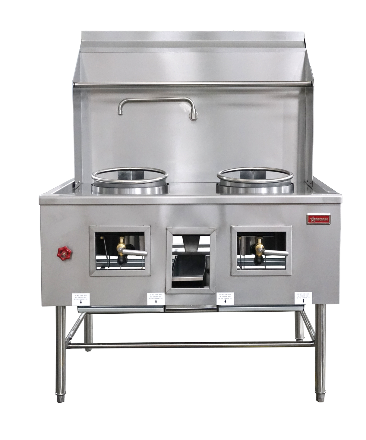 Omcan 47726 - Two Chamber Wok Range with 2 x 13″ Rings, Backsplash, Faucet, 190,000 BTU - Natural Gas