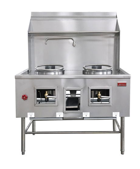 Omcan 47726 - Two Chamber Wok Range with 2 x 13″ Rings, Backsplash, Faucet, 190,000 BTU - Natural Gas