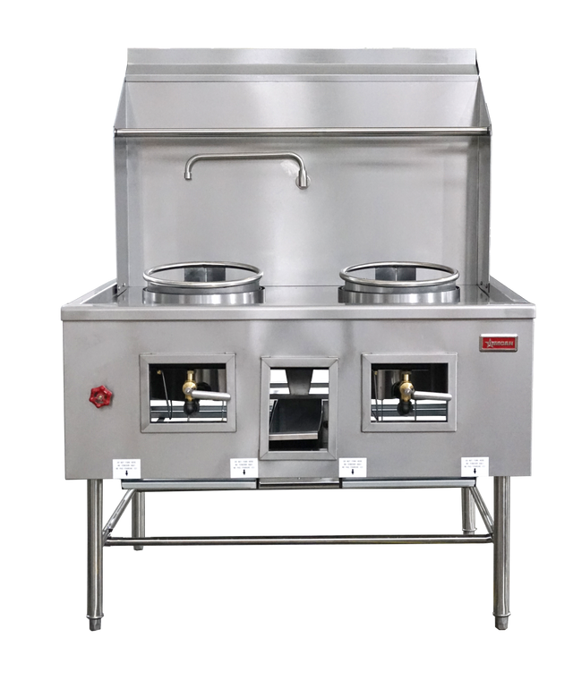 Omcan 47726 - Two Chamber Wok Range with 2 x 13″ Rings, Backsplash, Faucet, 190,000 BTU - Natural Gas