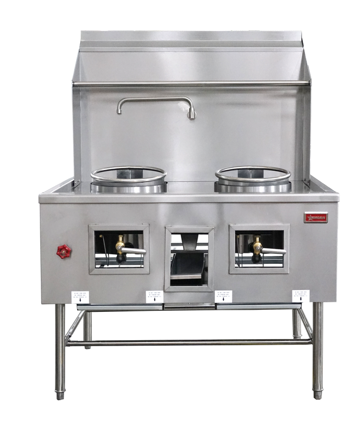 Omcan 47726 - Two Chamber Wok Range with 2 x 13″ Rings, Backsplash, Faucet, 190,000 BTU - Natural Gas