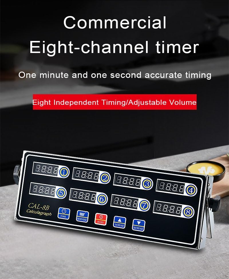 Kitchen Timers for Cooking, 8 Channel Commercial Kitchen Timer Restaurant Digital Timer Clock Stainless Steel LED Timer with Reminder Function Loud Alarm Adjustable Volume
