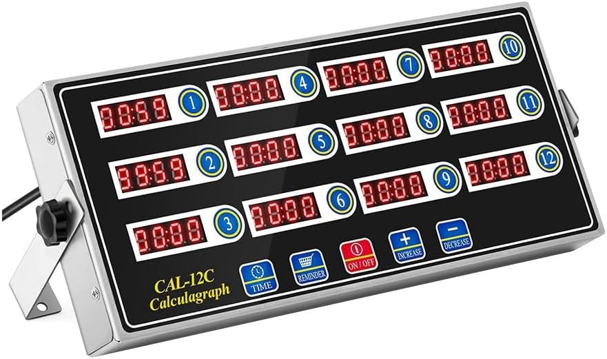 Commercial Cooking Timer with Loud Alarm, Large LCD Display, 12-Channel Digital Kitchen Timer for Restaurants