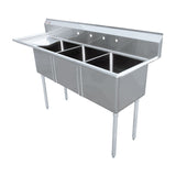 Omcan 43786 - 24" x 24" x 14" Three Tub Sink with 3.5" Center Drain and Left Drainboard