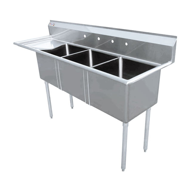 Omcan 43786 - 24" x 24" x 14" Three Tub Sink with 3.5" Center Drain and Left Drainboard