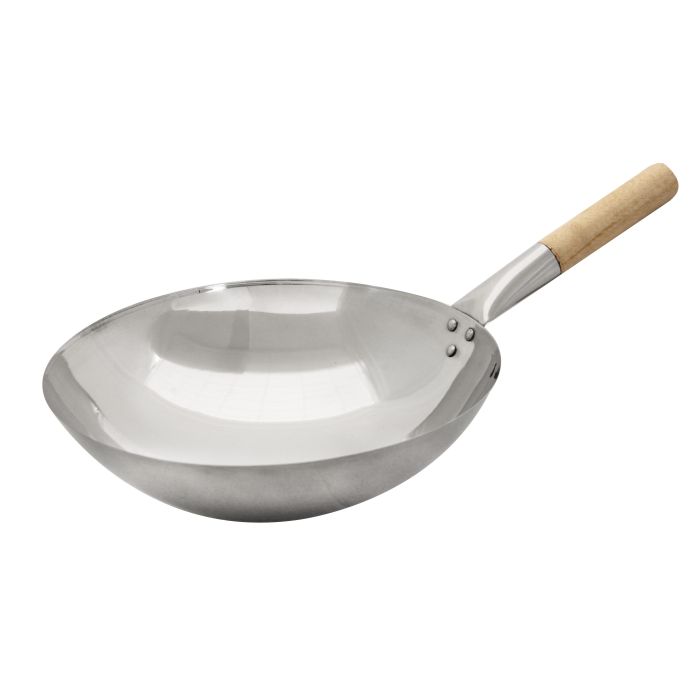 Sagetra Chinese Wok, Stainless Steel, Wood Handle 12" 300mm - 693412