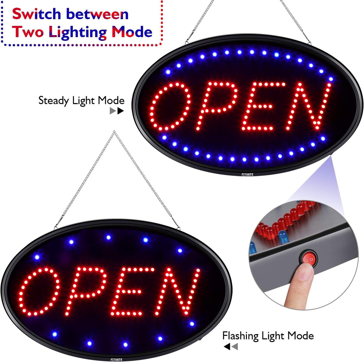 LED Open Sign, 23x14 inches Brighter Advertising Board Electric Lighted Display -UL-Flashing or Steady Mode- Lighting Up for Holiday, Business, Window, Bar, Hotel, with Open Closed Sign