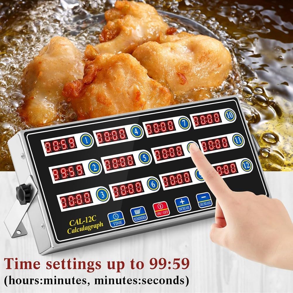 Commercial Cooking Timer with Loud Alarm, Large LCD Display, 12-Channel Digital Kitchen Timer for Restaurants