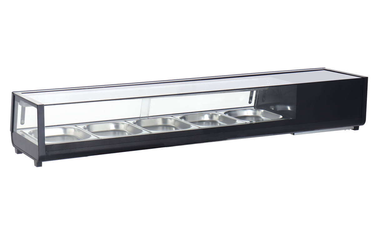 Omcan 48670 - 71" Refrigerated Flat Glass Sushi Display Case, 4.7 cu.ft. (132 L), Black