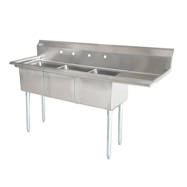 Omcan 25260 - 24" x 24" x 14" Three Tub Sink with 1.8" Corner Drain and Right Drainboard