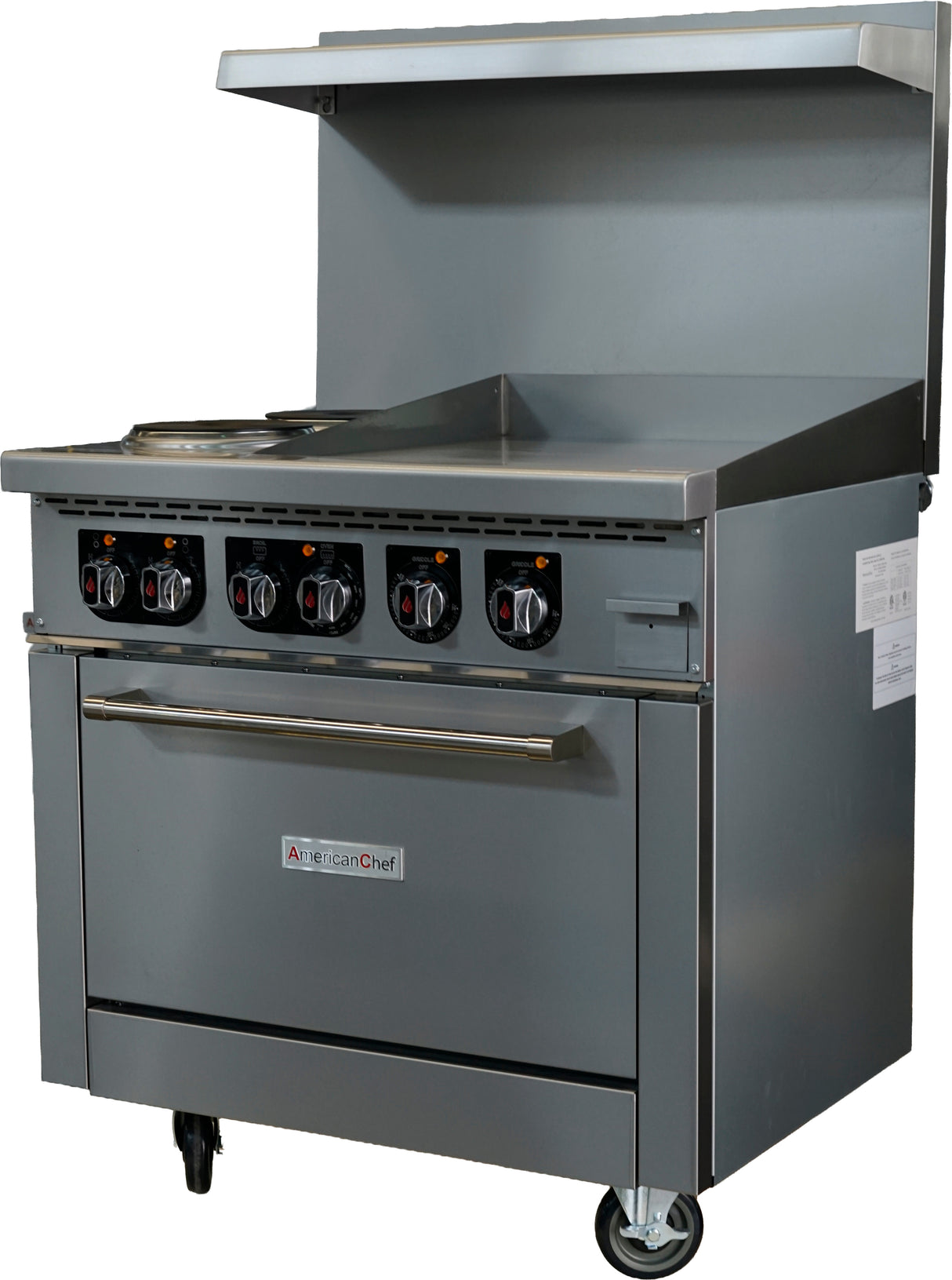 American Chef ACER36-2B24G - 36" 2 Burner Electric Range / 24" Griddle with Standard Oven, 208V, with casters