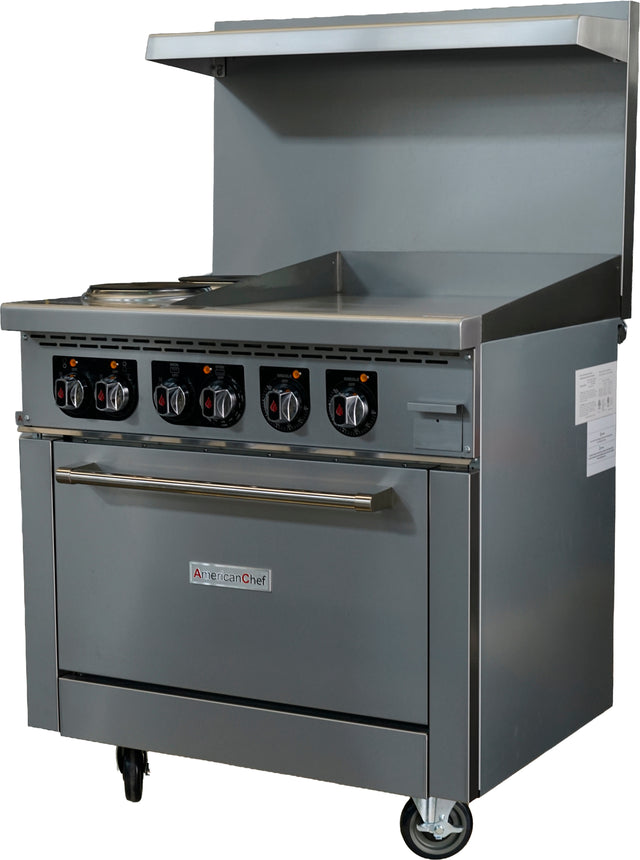 American Chef ACER36-2B24G - 36" 2 Burner Electric Range / 24" Griddle with Standard Oven, 208V, with casters