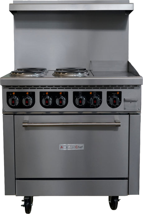 American Chef ACER36-4B12G - 36" 4 Burner ElectricRange / 12" Griddle with Standard Oven, 208V, with casters