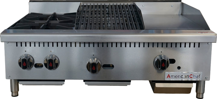 American Chef ACGC36-2B12C12G - Gas Charbroiler 12" / Griddle 12" / Hotplate 2 Burner, natural gas