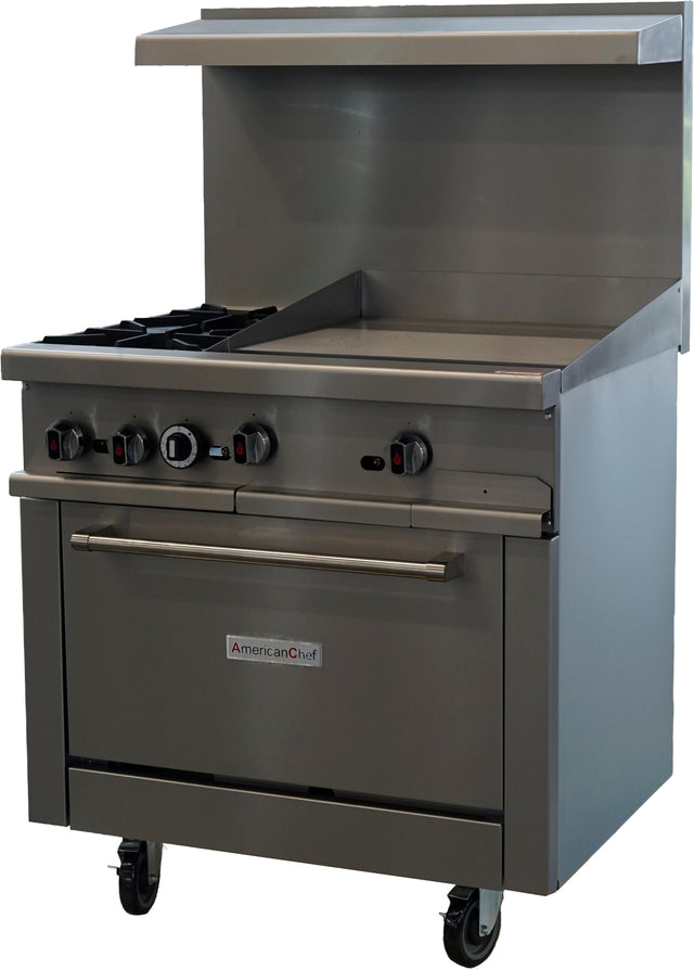 American Chef ACGR36-2B24G - 36" 2 Burner Gas Range / 24" Griddle with Standard Oven, natural gas, with casters