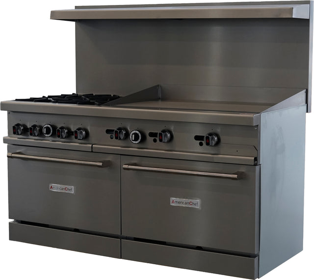 American Chef ACGR60-4B36G - 60" 4 Burner Gas Range / 36" Griddle with 1 Standard Oven, natural gas, with casters