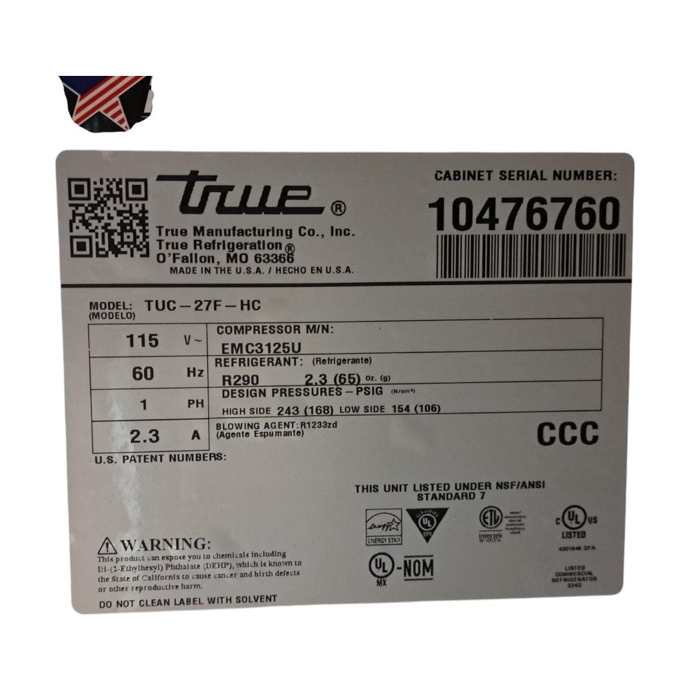 TRUE TUC-27F-HC - Undercounter Freezer 27"