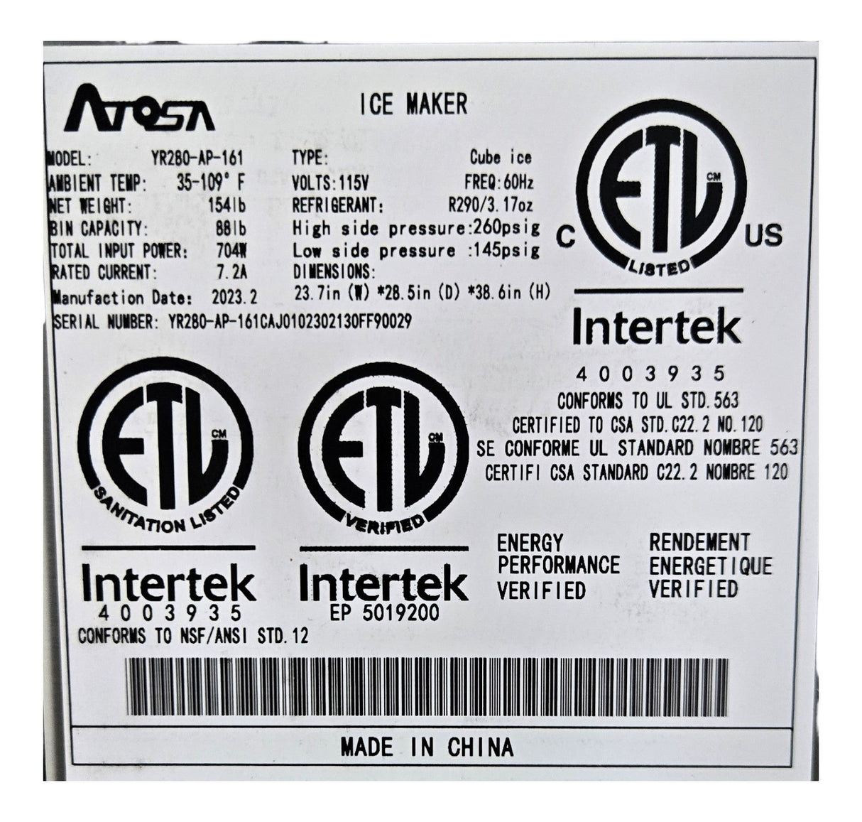 Atosa YR-280-AP-161 Ice Maker