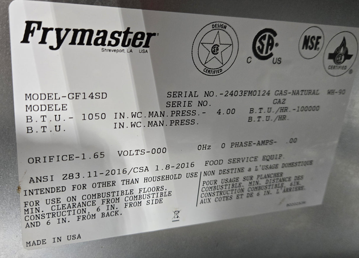 Frymaster GF14SD Fryer - Natural Gas