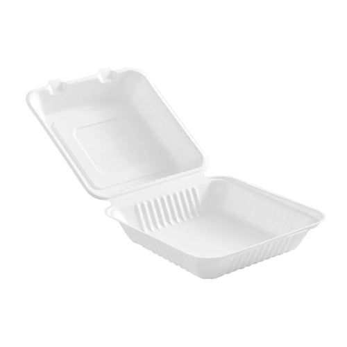 Globe 6011 8″ X 8″ X 3″ Bagasse Compostable Hinged Container – 200/Case - VRS Restaurant Equipment & Supply Store