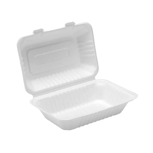 Globe 6013 9″ X 6″ X 3025″ Bagasse Compostable Hinged Container – 200/Case - VRS Restaurant Equipment & Supply Store