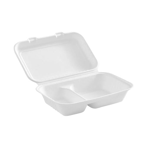 Globe 6016 9″ X 6″ X 3.25″ Bagasse Compostable Hinged Container with 2 Compartments – 200/Case - VRS Restaurant Equipment & Supply Store