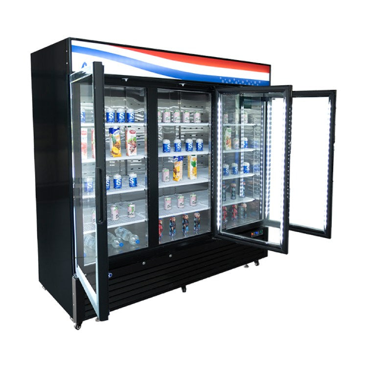 Atosa 82" Black Cabinet Three Glass Door Merchandiser Cooler - MCF8724GR - VRS Restaurant Equipment & Supply Store