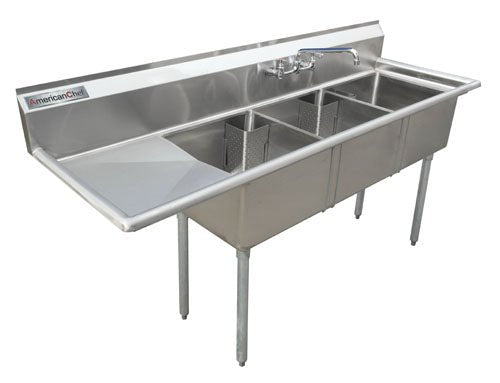 American Chef Three Compartment Sink 18"X18"X11" With Left Drainboard TS1818-L - VRS Restaurant Equipment & Supply Store