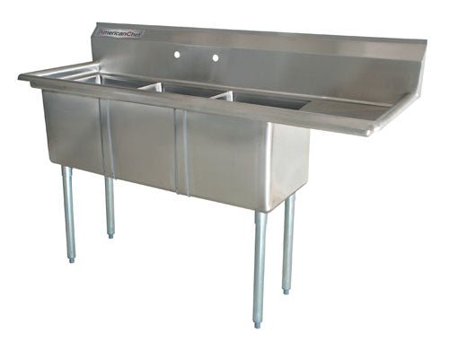 American Chef Three Compartment Sink 24"X24"X14" With Right Drainboard TS2424-R - VRS Restaurant Equipment & Supply Store