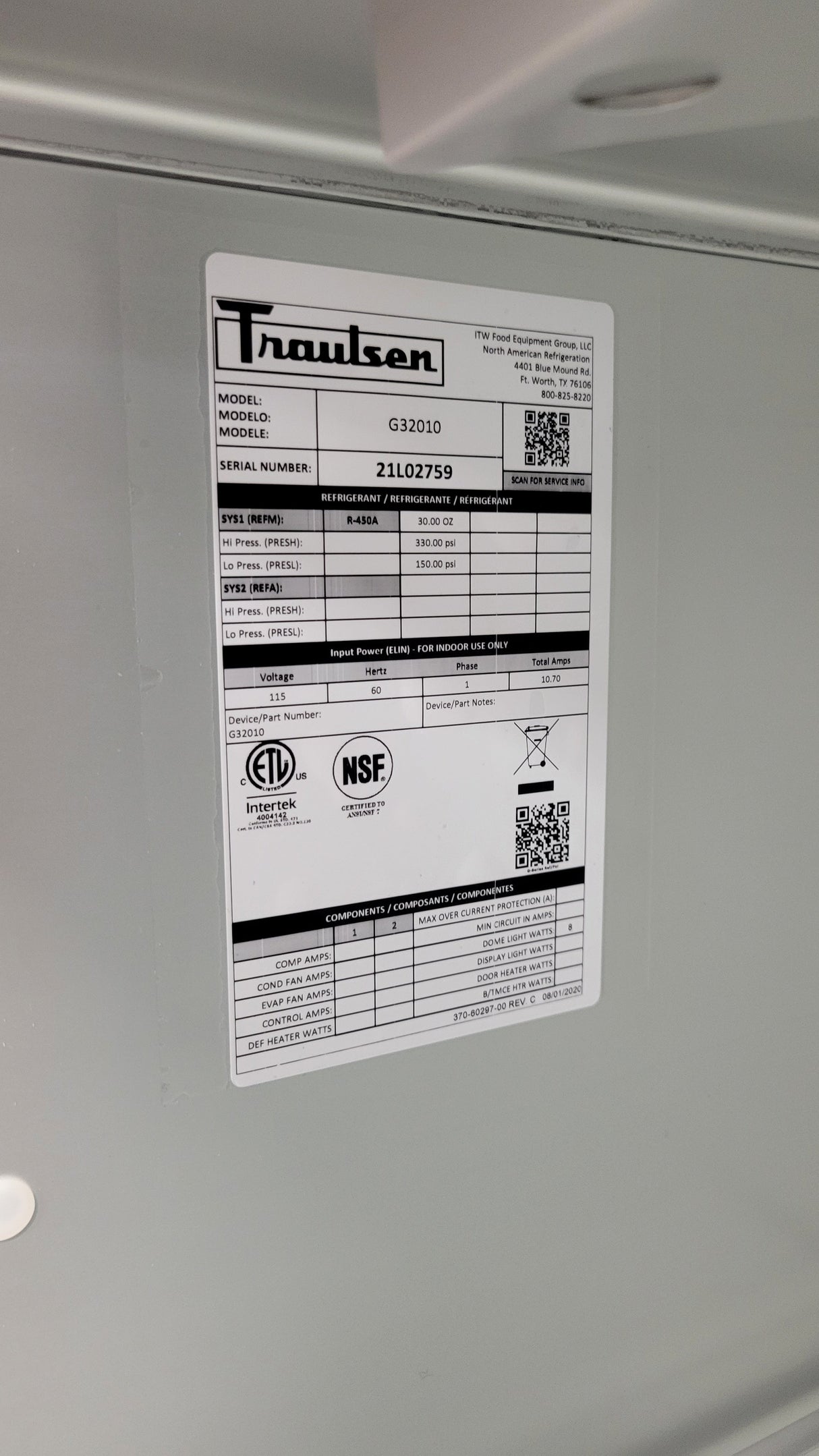 Traulsen G32010 Refrigerator Reach in Glass Door