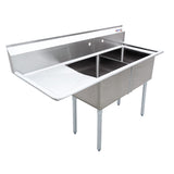 Omcan 43768 - 18" x 18" x 11" 18-Gauge Stainless Steel Two Tub Sink with 3.5" Center Drain and Left Drainboard