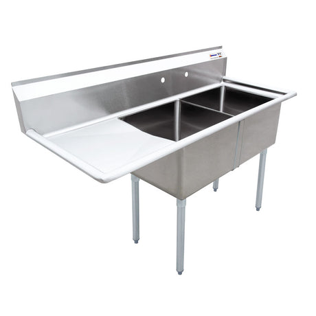 Omcan 43768 - 18" x 18" x 11" 18-Gauge Stainless Steel Two Tub Sink with 3.5" Center Drain and Left Drainboard