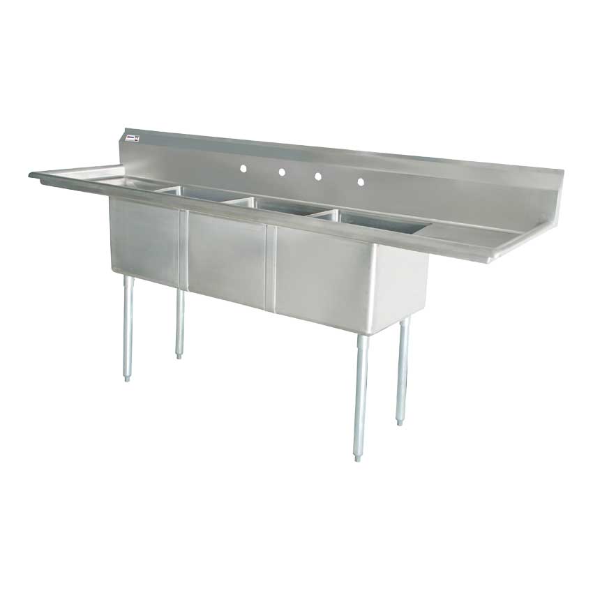 Omcan 24″ x 24″ x 14″ Three Tub Sink with 3.5″ Center Drain and Two Drain Boards