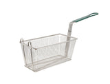 Omcan 13 1/4" x 6 1/2" x 6" Nickel-Plated Iron Fryer Basket with Green Handle 11367